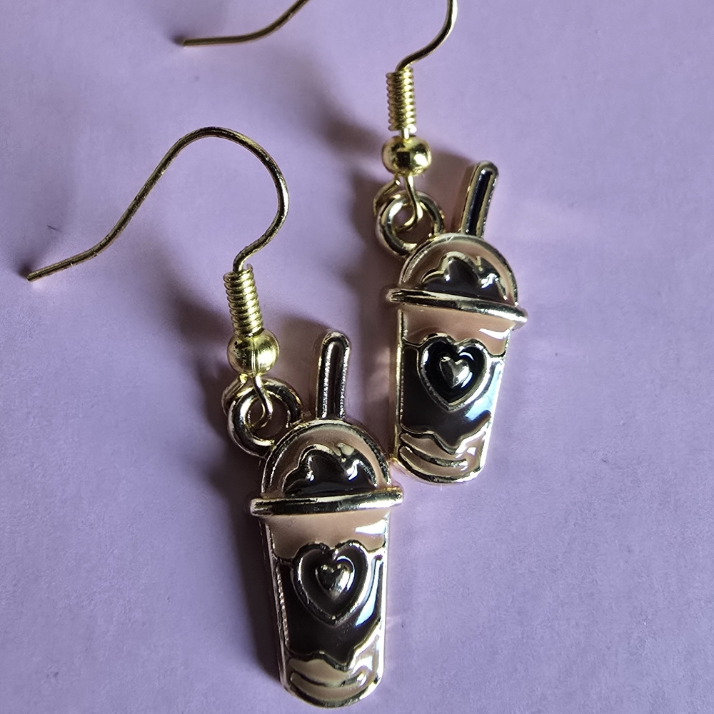 Coffee Moka Cup Art Earrings 18k Gold Plated Nickel Free Hooks